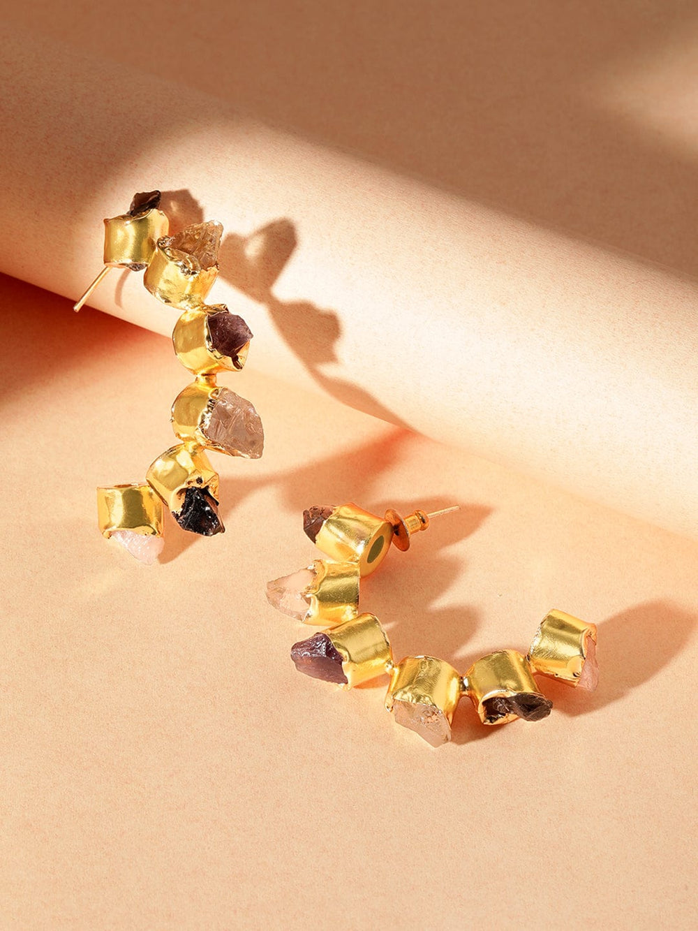 Rubans 18K Gold plated uncut semi precious gems studded handcrafted statement hoop earrings Earrings