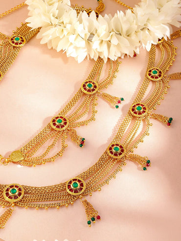Rubans 18K Gold-Plated Waist Chain with Ruby and Emerald Accents Saree Accessories Saree Accessories