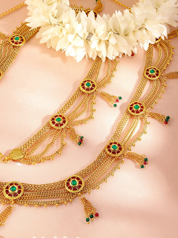 Rubans 18K Gold-Plated Waist Chain with Ruby and Emerald Accents Saree Accessories Saree Accessories