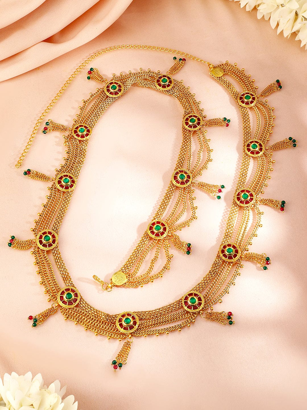 Rubans 18K Gold-Plated Waist Chain with Ruby and Emerald Accents Saree Accessories Saree Accessories