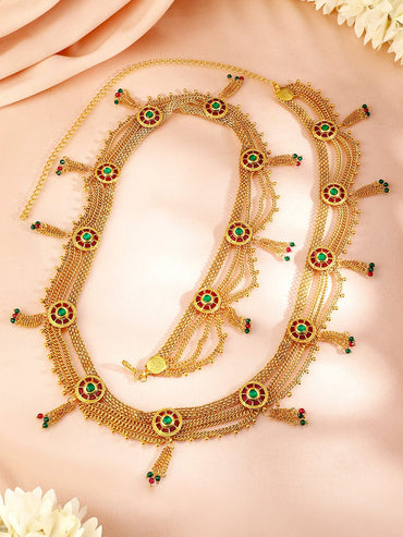 Rubans 18K Gold-Plated Waist Chain with Ruby and Emerald Accents Saree Accessories Saree Accessories