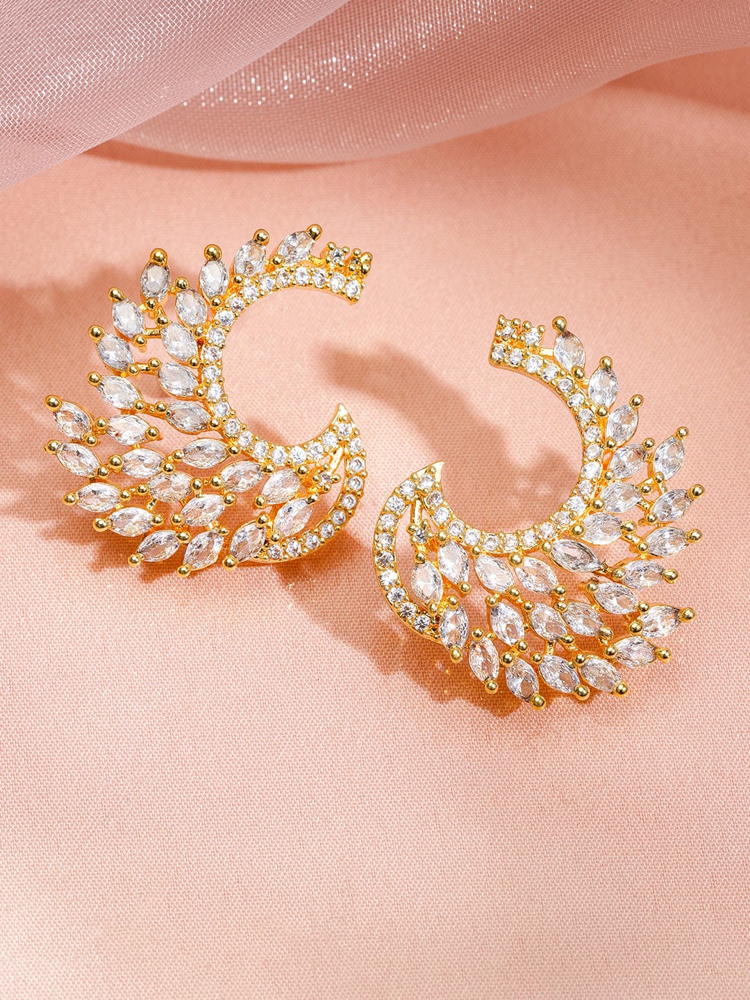 Rubans 18K Gold-Plated White Cubic Zirconia Feather-Shaped Statement Stud Earrings Earrings