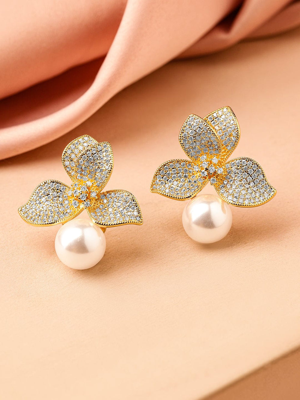 Rubans 18K Gold-Plated White Cubic Zirconia Floral Design Pearl Stud Earrings Earrings