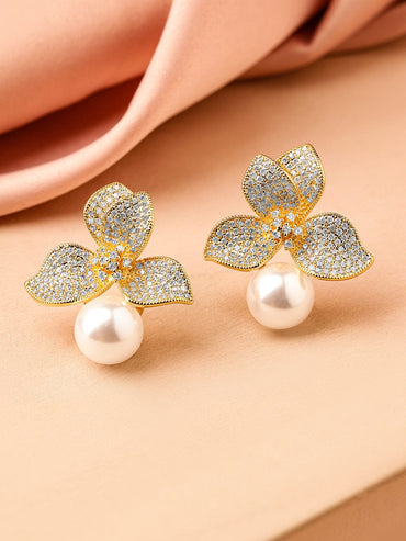 Rubans 18K Gold-Plated White Cubic Zirconia Floral Design Pearl Stud Earrings Earrings