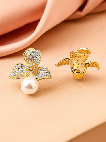 Rubans 18K Gold-Plated White Cubic Zirconia Floral Design Pearl Stud Earrings Earrings