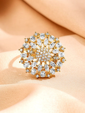Rubans 18K Gold-Plated White Cubic Zirconia Studded Adjustable Statement Sunburst Floral Finger Ring Finger Rings
