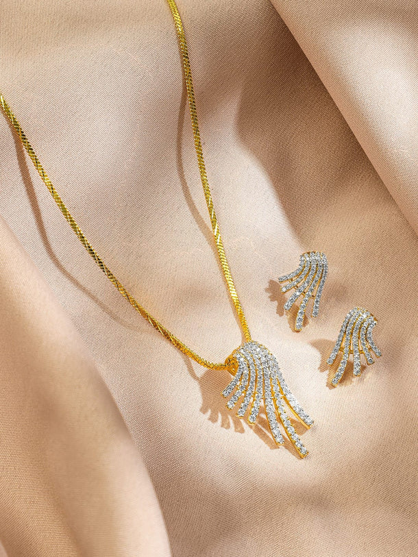 Rubans 18K Gold-Plated White Cubic Zirconia Studded Cascading Wave Design Pendant Necklace Set Jewellery Set