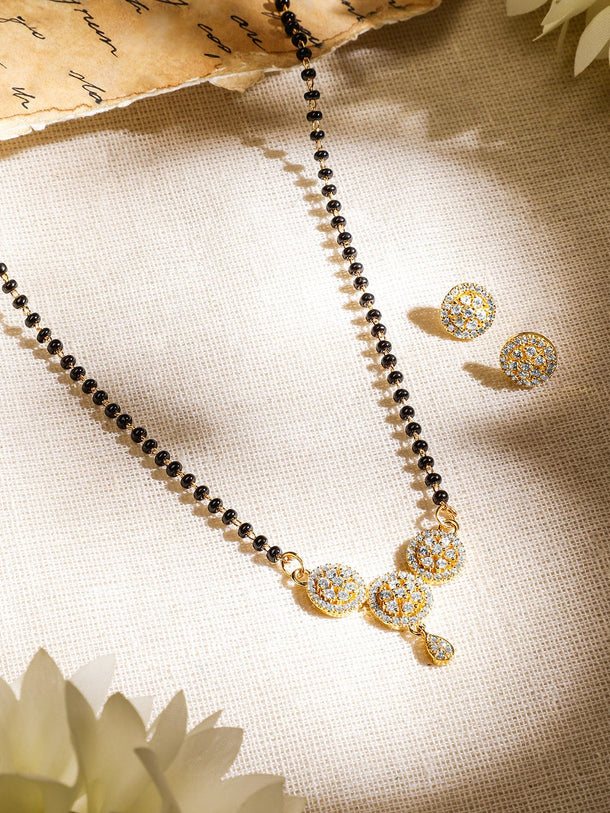 Rubans 18K Gold-Plated White Cubic Zirconia Studded Circular Pendant Mangalsutra Set with Black Beads Chain & Earrings Mangalsutra Set
