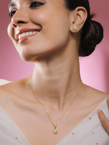 Rubans 18K Gold-Plated White Cubic Zirconia Studded Circular Pendant Set with Earrings for Women Necklace & Chains