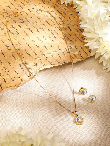 Rubans 18K Gold-Plated White Cubic Zirconia Studded Circular Pendant Set with Earrings for Women Necklace & Chains