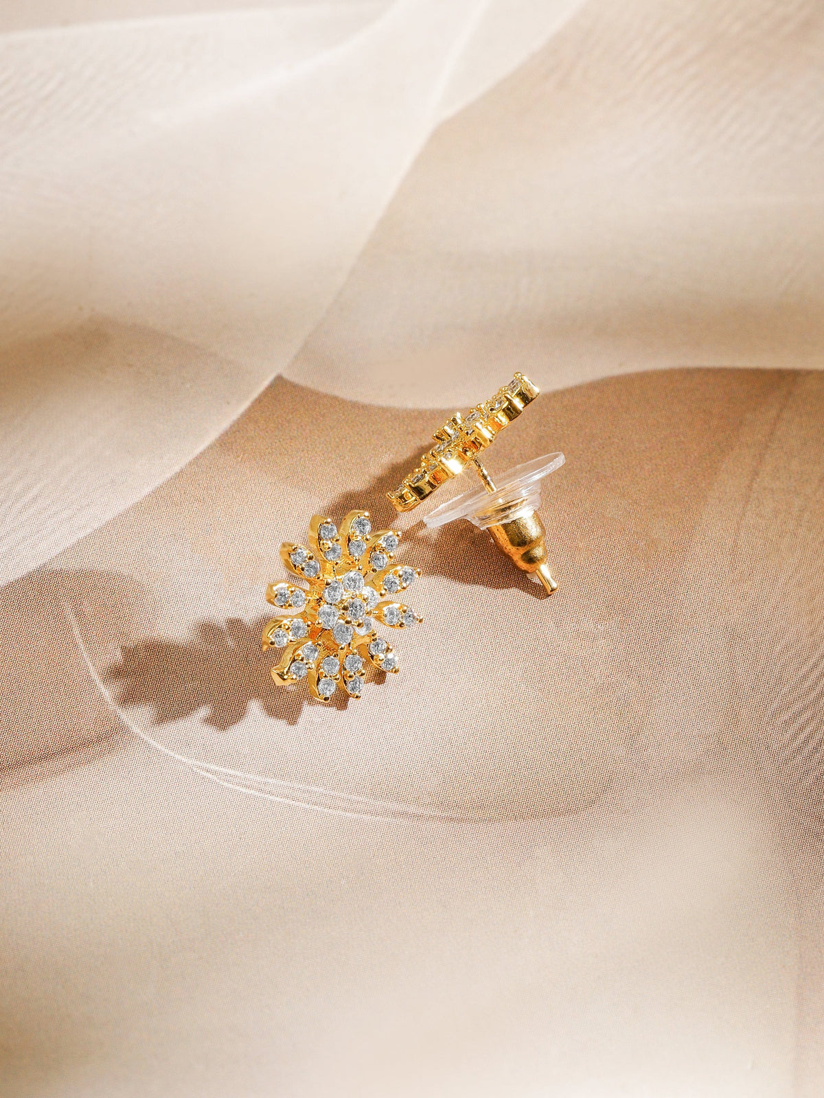 Rubans 18K Gold-Plated White Cubic Zirconia Studded Crescent Moon Mangalsutra Set with Black Beaded Chain & Floral Earrings Mangalsutra