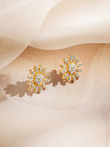 Rubans 18K Gold-Plated White Cubic Zirconia Studded Crescent Moon Mangalsutra Set with Black Beaded Chain & Floral Earrings Mangalsutra