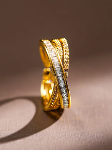 Rubans 18K Gold Plated White Cubic Zirconia Studded Crossover Demi Fine Adjustable Ring Finger Ring