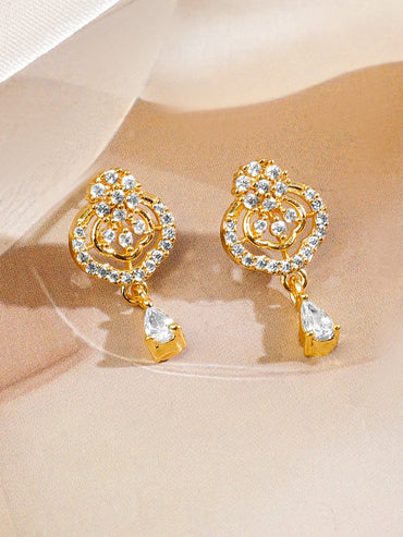 Rubans 18K Gold-Plated White Cubic Zirconia Studded Curved Bar Mangalsutra Set with Black Beaded Chain & Earrings Mangalsutra