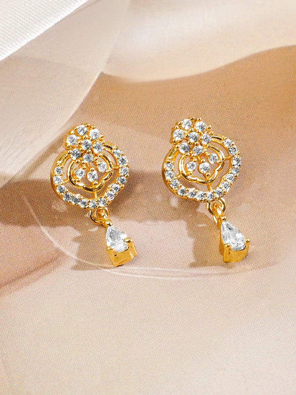 Rubans 18K Gold-Plated White Cubic Zirconia Studded Curved Bar Mangalsutra Set with Black Beaded Chain & Earrings Mangalsutra