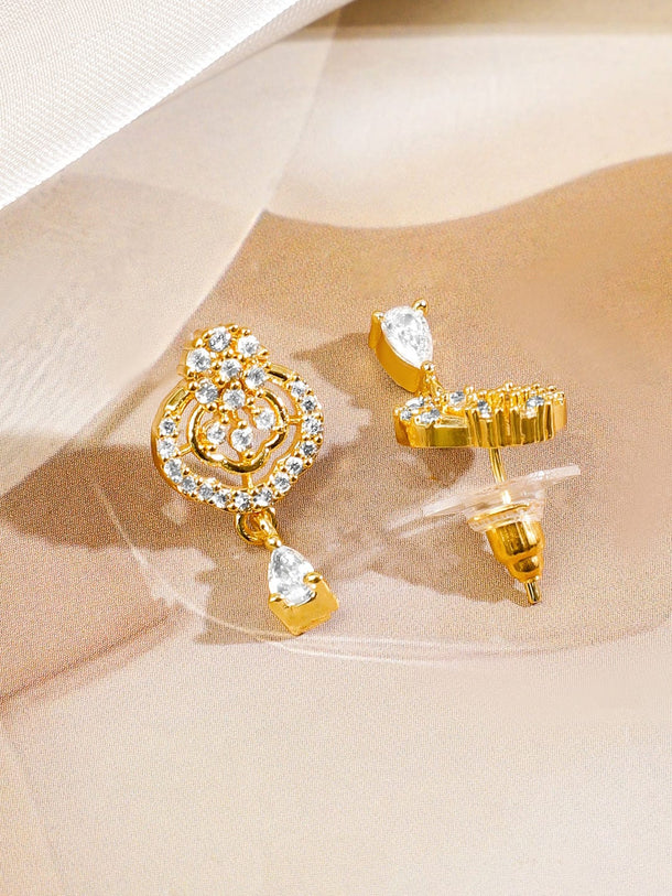 Rubans 18K Gold-Plated White Cubic Zirconia Studded Curved Bar Mangalsutra Set with Black Beaded Chain & Earrings Mangalsutra