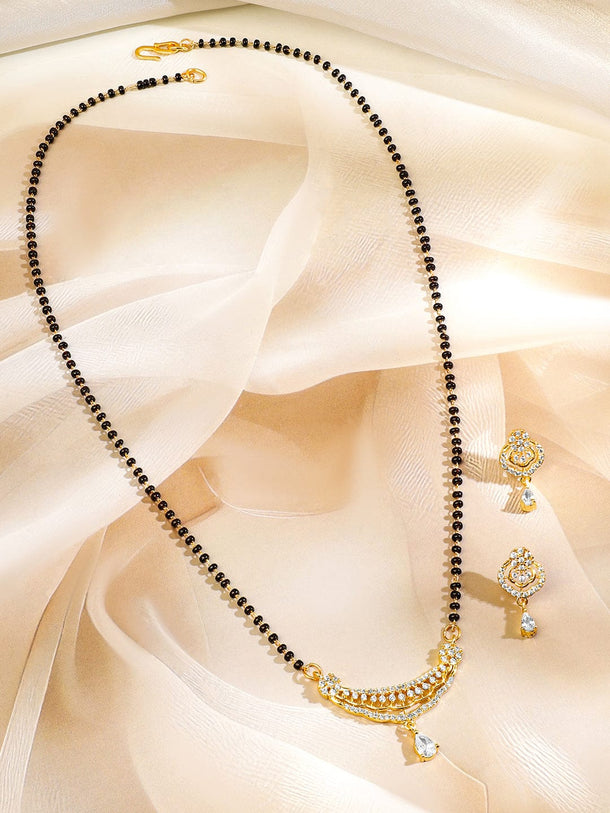 Rubans 18K Gold-Plated White Cubic Zirconia Studded Curved Bar Mangalsutra Set with Black Beaded Chain & Earrings Mangalsutra