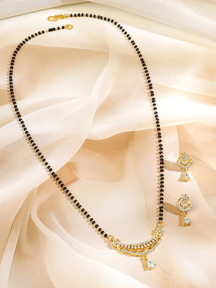 Rubans 18K Gold-Plated White Cubic Zirconia Studded Curved Bar Mangalsutra Set with Black Beaded Chain & Earrings Mangalsutra