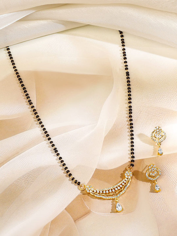 Rubans 18K Gold-Plated White Cubic Zirconia Studded Curved Bar Mangalsutra Set with Black Beaded Chain & Earrings Mangalsutra Set