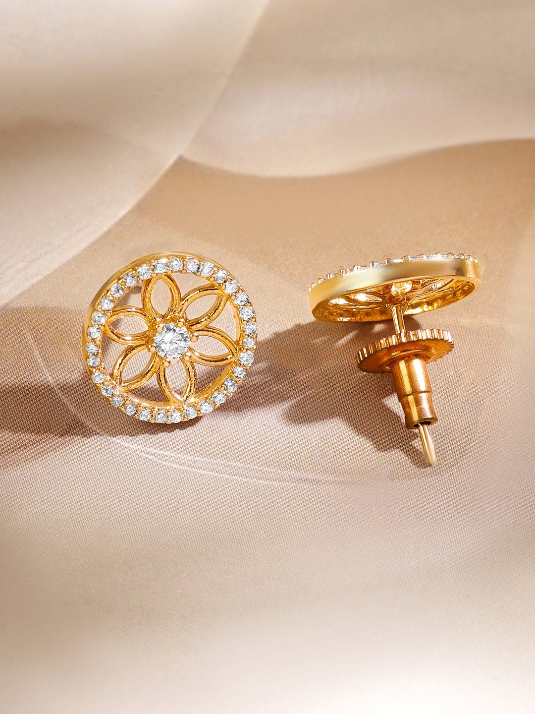 Rubans 18K Gold-Plated White Cubic Zirconia Studded Floral Pendant Mangalsutra Set with Black Beaded Chain & Earrings Mangalsutra