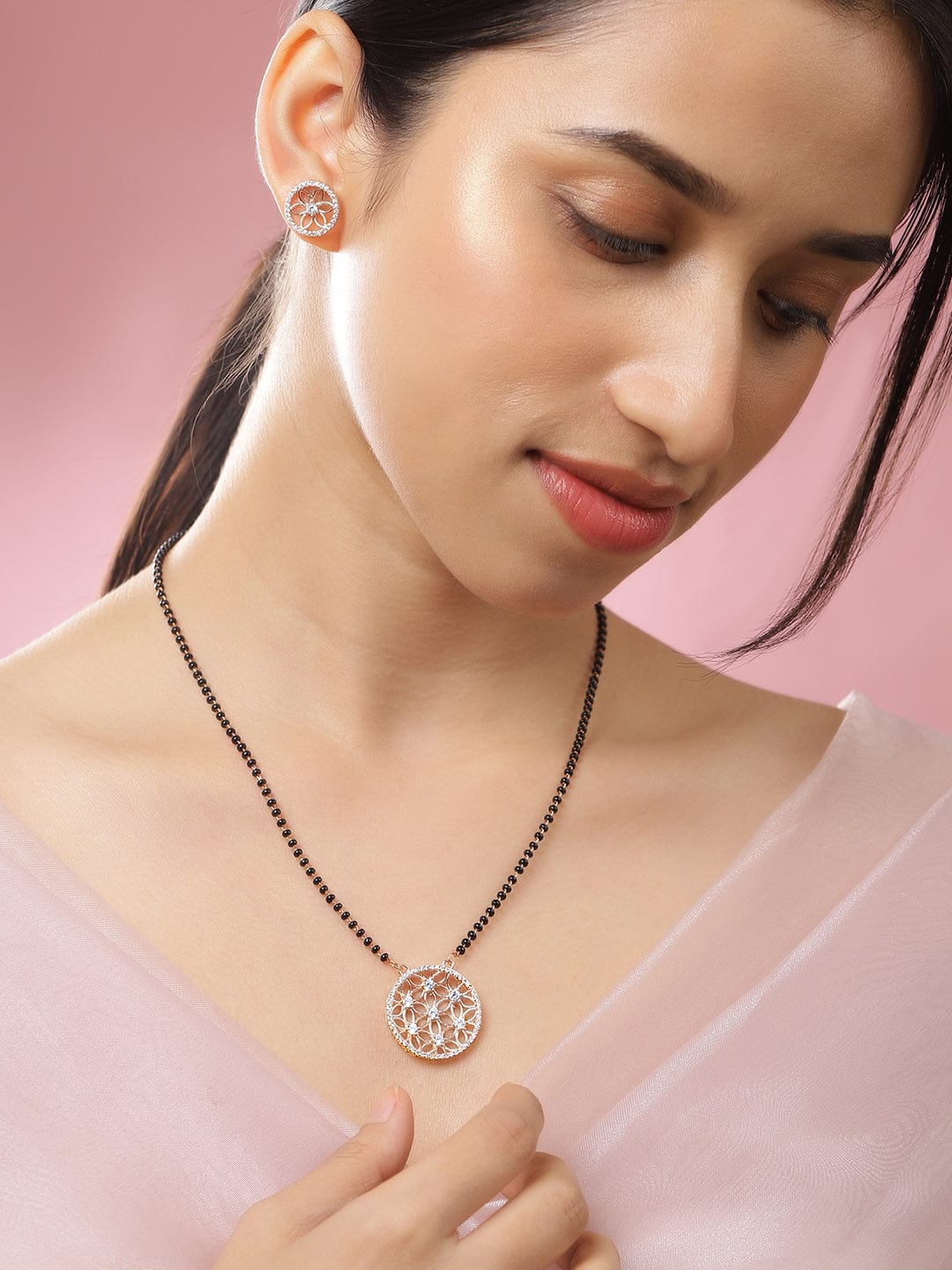 Rubans 18K Gold-Plated White Cubic Zirconia Studded Floral Pendant Mangalsutra Set with Black Beaded Chain & Earrings Mangalsutra