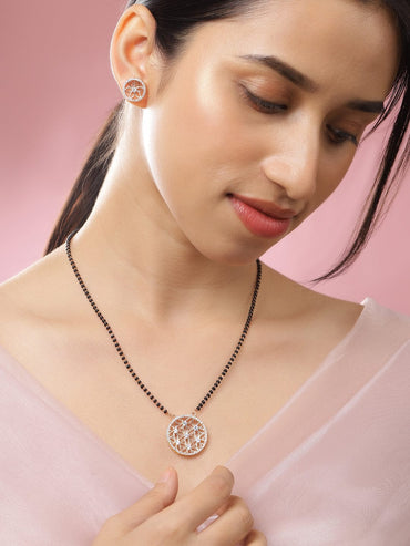 Rubans 18K Gold-Plated White Cubic Zirconia Studded Floral Pendant Mangalsutra Set with Black Beaded Chain & Earrings Mangalsutra