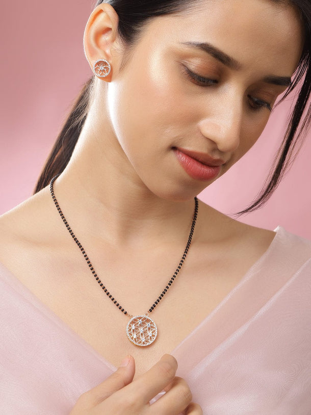 Rubans 18K Gold-Plated White Cubic Zirconia Studded Floral Pendant Mangalsutra Set with Black Beaded Chain & Earrings Mangalsutra