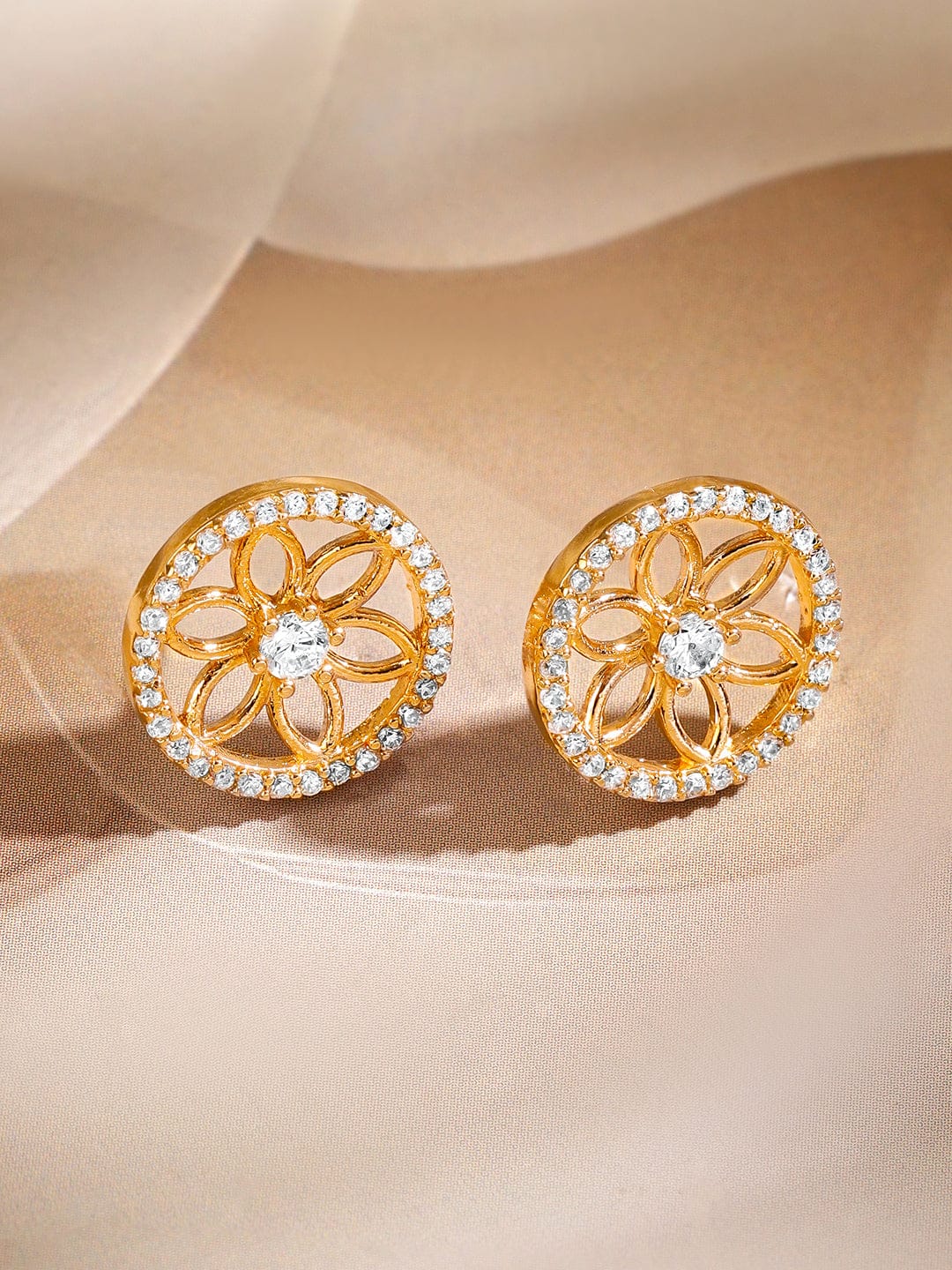 Rubans 18K Gold-Plated White Cubic Zirconia Studded Floral Pendant Mangalsutra Set with Black Beaded Chain & Earrings Mangalsutra