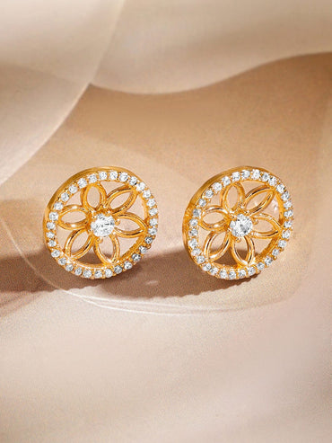 Rubans 18K Gold-Plated White Cubic Zirconia Studded Floral Pendant Mangalsutra Set with Black Beaded Chain & Earrings Mangalsutra