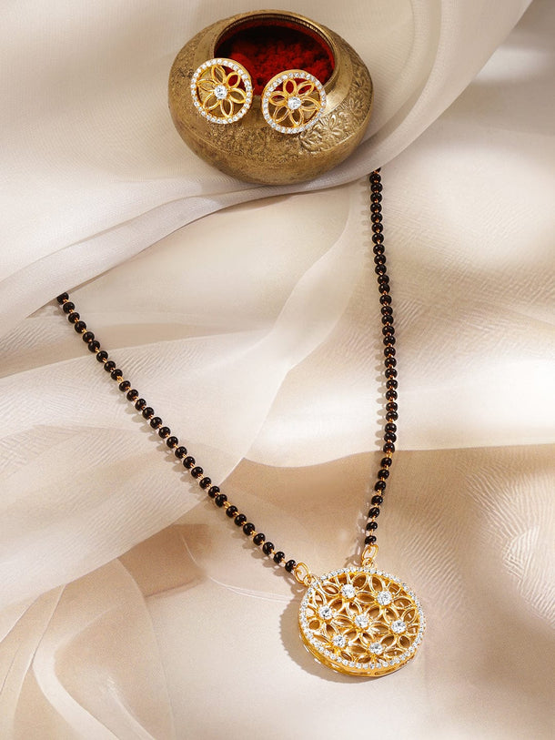Rubans 18K Gold-Plated White Cubic Zirconia Studded Floral Pendant Mangalsutra Set with Black Beaded Chain & Earrings Mangalsutra Set