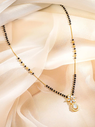 Rubans 18K Gold-Plated White Cubic Zirconia Studded Floral & Teardrop Pendant Mangalsutra with Black & Gold Beaded Chain Mangalsutra