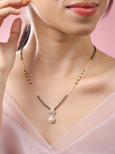 Rubans 18K Gold-Plated White Cubic Zirconia Studded Floral & Teardrop Pendant Mangalsutra with Black & Gold Beaded Chain Mangalsutra