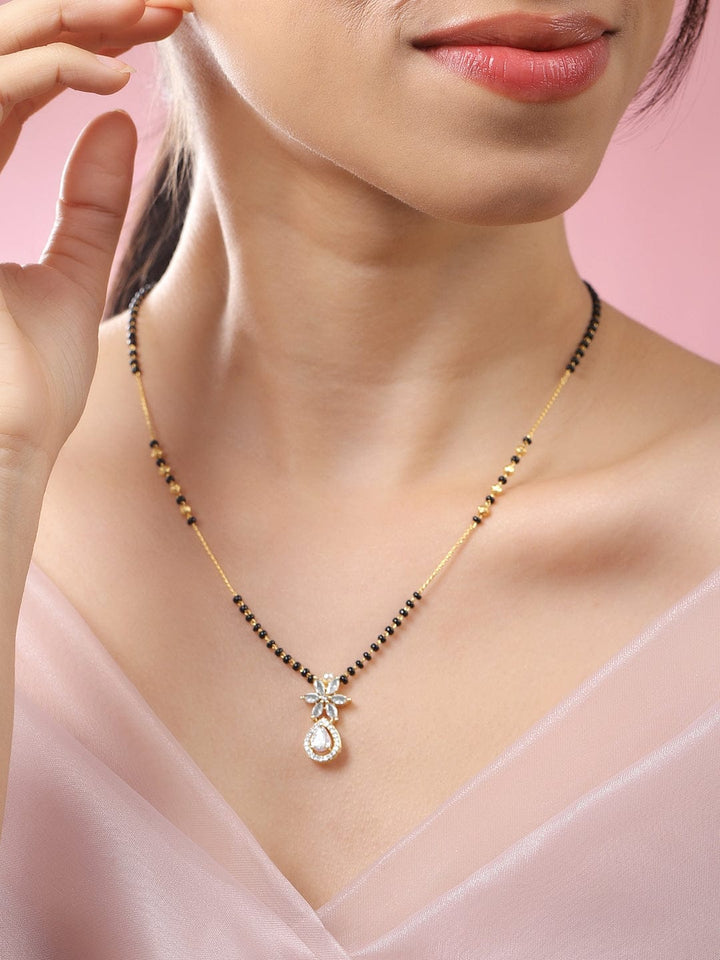 Rubans 18K Gold-Plated White Cubic Zirconia Studded Floral & Teardrop Pendant Mangalsutra with Black & Gold Beaded Chain Mangalsutra