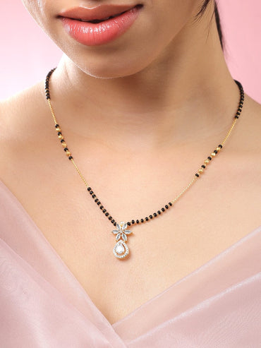 Rubans 18K Gold-Plated White Cubic Zirconia Studded Floral & Teardrop Pendant Mangalsutra with Black & Gold Beaded Chain Mangalsutra