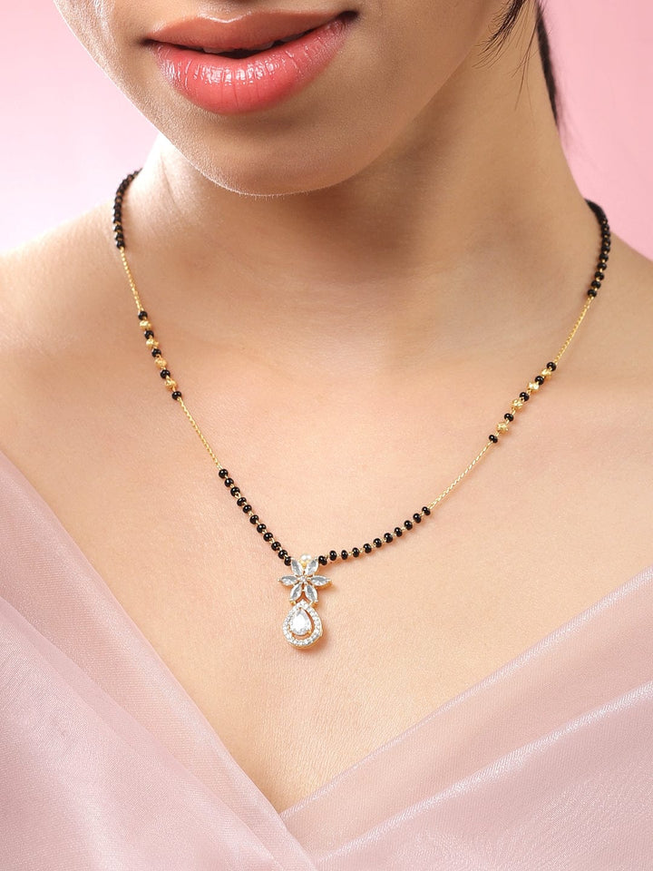 Rubans 18K Gold-Plated White Cubic Zirconia Studded Floral & Teardrop Pendant Mangalsutra with Black & Gold Beaded Chain Mangalsutra