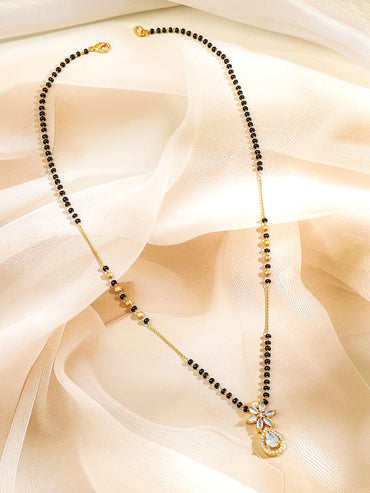 Rubans 18K Gold-Plated White Cubic Zirconia Studded Floral & Teardrop Pendant Mangalsutra with Black & Gold Beaded Chain Mangalsutra