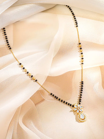 Rubans 18K Gold-Plated White Cubic Zirconia Studded Floral & Teardrop Pendant Mangalsutra with Black & Gold Beaded Chain Mangalsutra