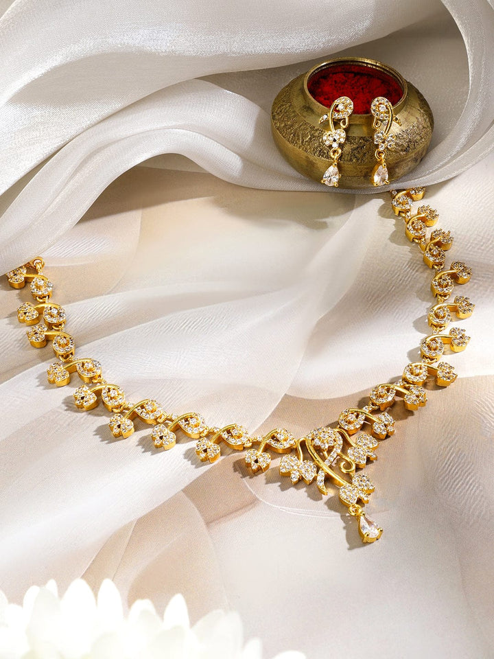 Rubans 18K Gold-Plated White Cubic Zirconia Studded Floral Vine Necklace Set Jewellery Set