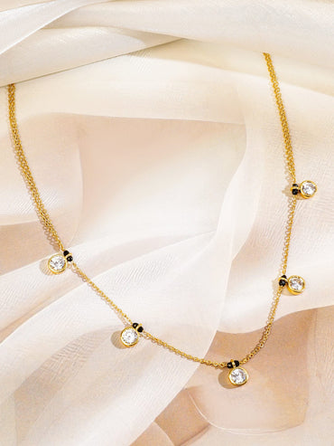 Rubans 18K Gold-Plated White Cubic Zirconia Studded Minimal Mangalsutra Necklace with Black Beaded Chain Mangalsutra
