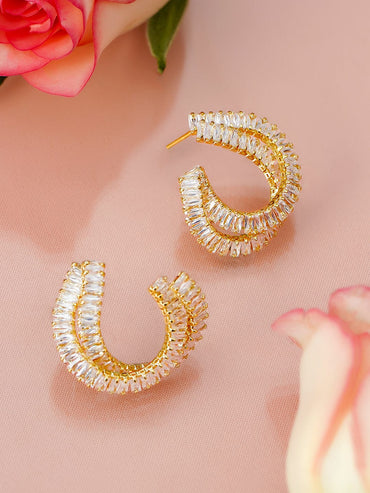 Rubans 18K Gold-Plated White Cubic Zirconia Studded Spiral Design Statement Stud Earrings Earrings