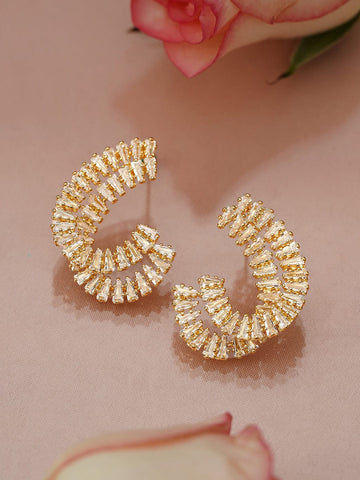 Rubans 18K Gold-Plated White Cubic Zirconia Studded Spiral Design Stud Earrings Earrings