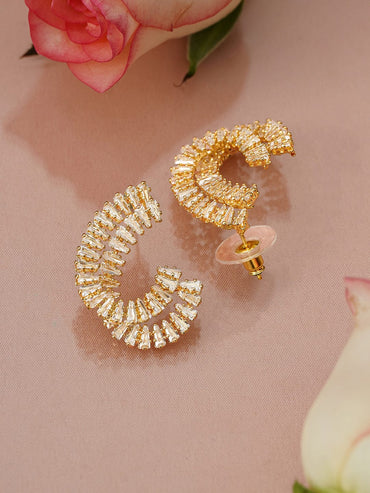 Rubans 18K Gold-Plated White Cubic Zirconia Studded Spiral Design Stud Earrings Earrings