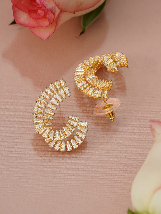 Rubans 18K Gold-Plated White Cubic Zirconia Studded Spiral Design Stud Earrings Earrings
