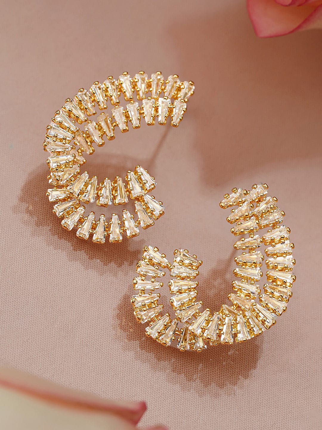 Rubans 18K Gold-Plated White Cubic Zirconia Studded Spiral Design Stud Earrings Earrings