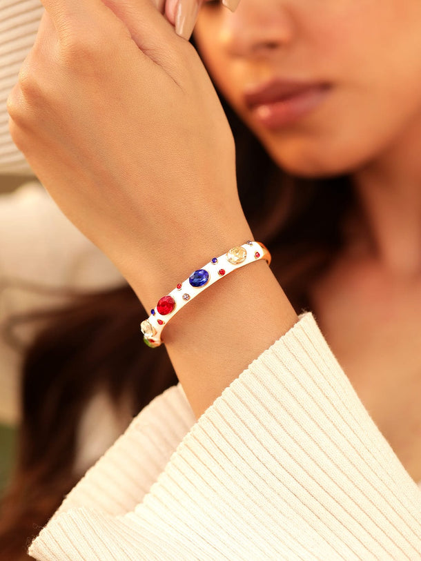 Rubans 18K Gold Plated White Enamel Multicolor Crystal Stone Studded Cuff Bracelet Bangles & Bracelet