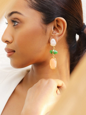 Rubans 18K Gold-Plated White, Green & Peach Beaded Statement Drop Earrings Earrings