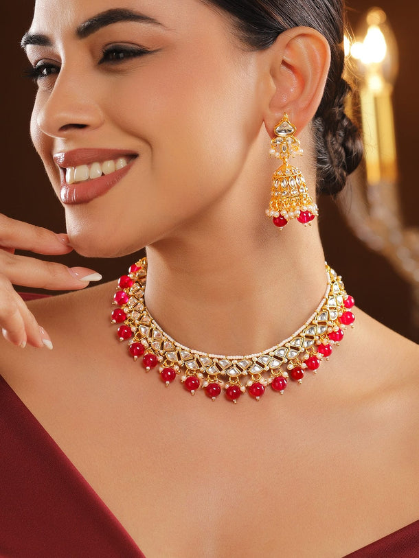 Rubans 18K Gold-Plated White Kundan Choker Necklace Set with Ruby Red Beads and White Pearls Necklaces, Necklace Sets, Chains & Mangalsutra