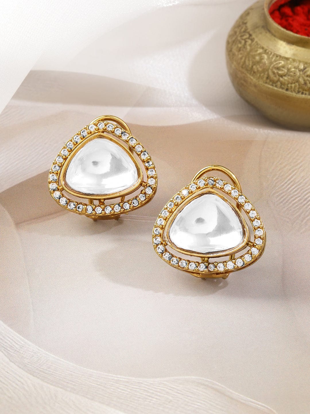 Rubans 18K Gold-Plated White Kundan & Cubic Zirconia Studded Triangle Stud Earrings Stud Earrings