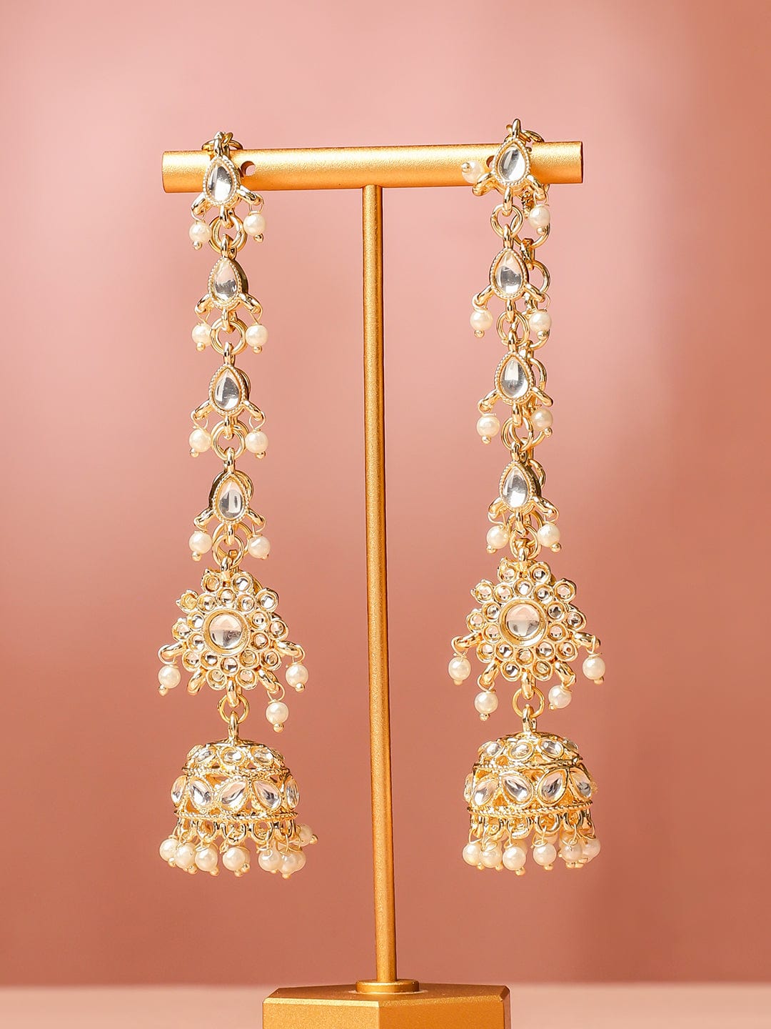 Rubans 18K Gold-Plated White Kundan & Glossy Ruby Pink & White Pearl Beaded Long Jhumka Earring Extension Earrings