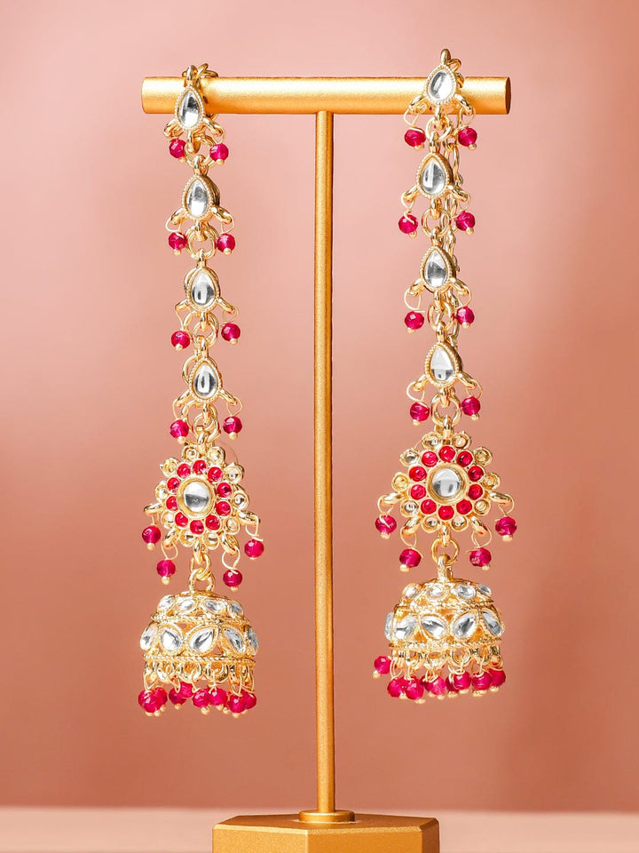 Rubans 18K Gold-Plated White Kundan & Glossy Ruby Pink & White Pearl Beaded Long Jhumka Earring Extension Earrings